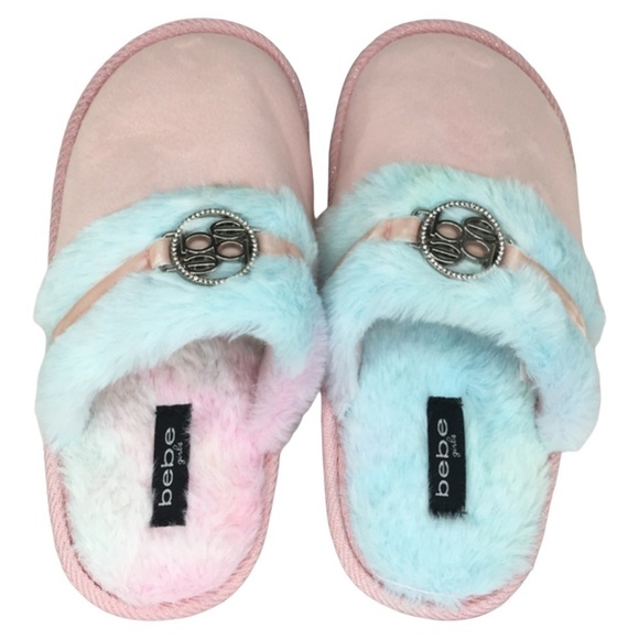 Bebe Faux Fluffy Barbiecore Fur Rainbow Tie Dye Slip on Slippers Shoes Girls NIP - Picture 2 of 10